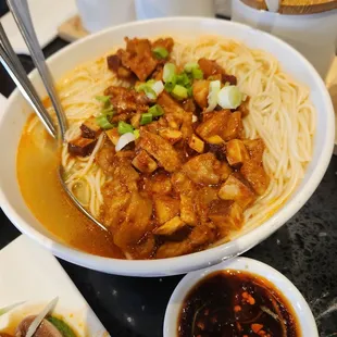 Spicy noodles. The broth was satisfying, however mild, but the mushrooms didn't seem to add much of anything.