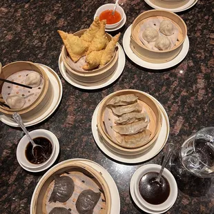 Amazing Dim Sum! Steamed Pork Dumpling Shanghai Style, Crab Wonton, Lobster and Chicken Dumpling with Black Truffle, Spicy Beef Pot Sticker.