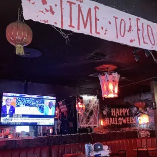 a bar decorated for halloween