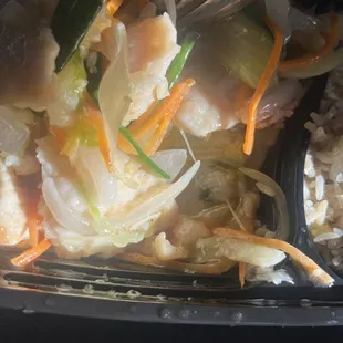 Nothing but slimy chicken and onion...  I ordered chow mein... disgusting