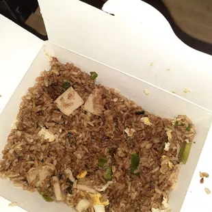 Chicken fried rice very low quality chicken.   Looked like processed, low grade chicken loaf cut up.  Very disappointed.