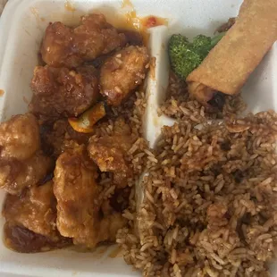 Orange chicken, egg roll, fried rice