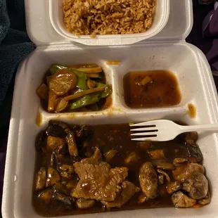 a meal in a styrofoam container