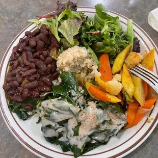 Large plate with kidney beans, green salad, steamed vegetables,steamed collard greens with dressing and brown rice.
