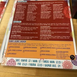 Chapati &amp; Shani's menu (at bottom)