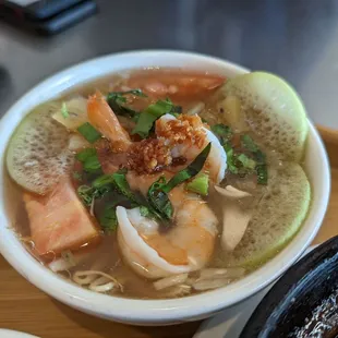 Close up of sweet sour prawn soup