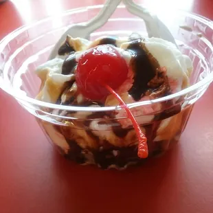 Peanutbutter Fudge icecream, chocolate,  carmel, whipped cream, cherry sundae.