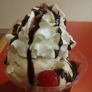 Sundae: scoop each of Cookie Dough(Daughter&apos;s choice) &amp; Deep Sea Treasure, chocolate sauce, whipped cream, cherry ($4 with PAT Connectcard).