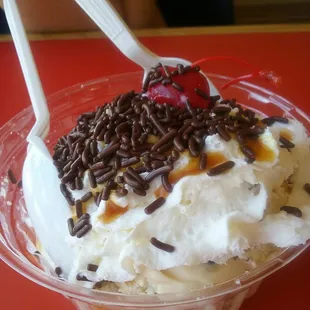 Create your own sundae: Cookies &amp; Cream (Daughter&apos;s choice), Butter Pecan (mine), caramel, whipped cream, sprinkles, &amp; cherry. Yummy, x 2!