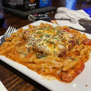 Chicken parm over penne pasta. So good!!!