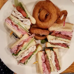 Turkey Ham Bacon Club with onion rings