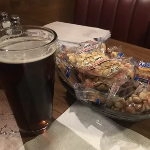 A giant amber bock and a ton of crackers.