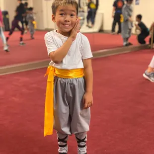 Bensen being silly after receiving his yellow belt today