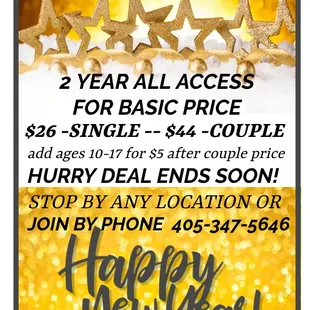 New Year 2 year for new members!  Join us today $26 a month single or $44 a month couple add children under 18 for $5 dollars a month!