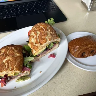 Turkey Pastrami Sandwich, chocolate crossaint