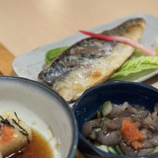 Grilled mackerel, see cucumber, Agedashi - tofu