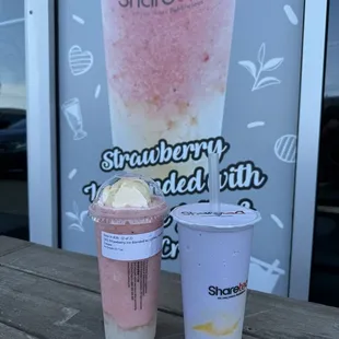 Blended taro with pudding and seasonal strawberry blended with lychee jelly and ice cream