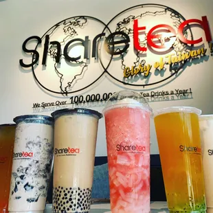 Oreo Ice Blended + Classic Pearl Milk Tea + Strawberry Ice Blended w/ Lychee Jelly + Peach Kiwi Tea w/ Aiyu Jelly