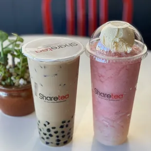 Classic Milk Tea w/ Pearl $4.85 and Strawberry Ice Blended with Lychee Jelly and Ice Cream $6.75. Snackpass app to order ahead