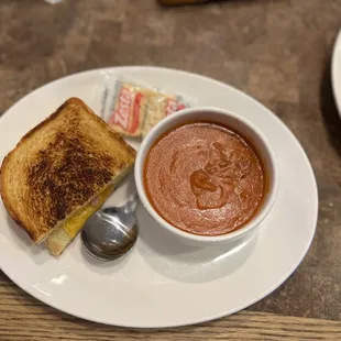 Grilled ham and four-cheese melt and tomato soup