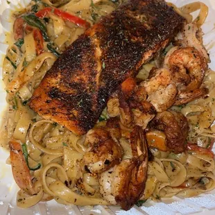 Blackened shrimp &amp; salmon pasta with jerk sauce
