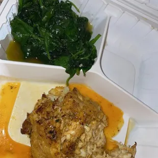 Crab Explosion with sautéed spinach