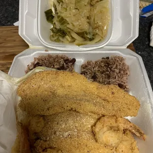 Fish and shrimp with rice/peas and added a side of cabbage. So good!