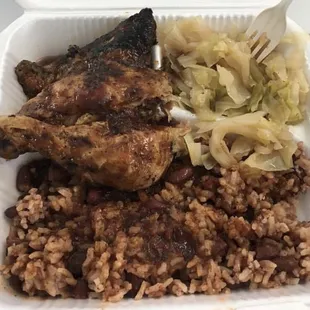 Jerk chicken plate w/ rice and peas and cabbage