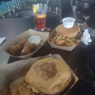 Monterey burger, cheeseburger, tator kegs