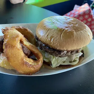 Burger with onion rings