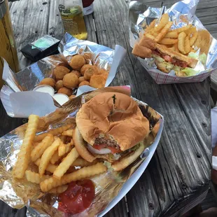 Yummmm perfect beach burger, BLT, fries and shrooms.  Oh and cold corona!