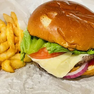 Fries and a cheeseburger with spicy jalapeño Jack.