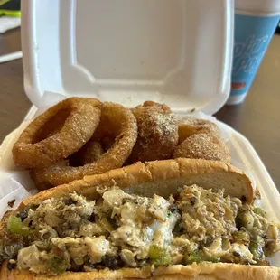 Chicken Philly and onion rings