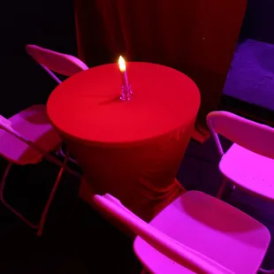 a lit candle on a table