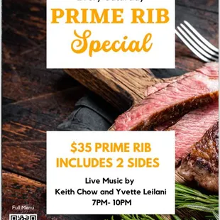 $35 Prime Rib Special and Live Music