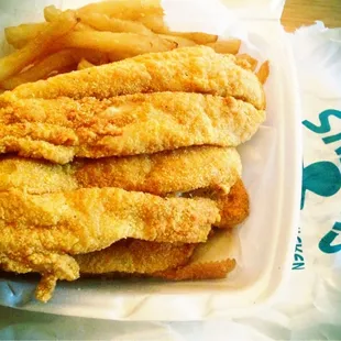 Catfish dinner with fries. Best fries in a long time, similar to when BK battered their fries after 2001. Very tender catfish.