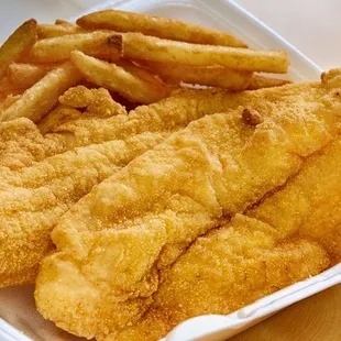 fish and fries in a styrofoam container