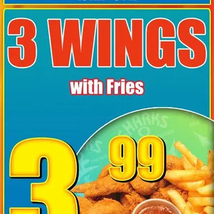 3 wings with fries