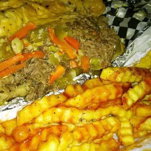 Italian beef Italian sausage dipped well  With cheese and fries with lemon pepper and  Mild sauce