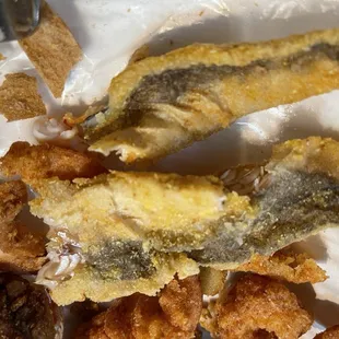 Fish Whiting Boneless Fillet, shrimp, fries, white bread and sauce
