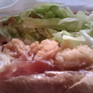 Close up of the fried shrimp poe boy with the onions that I asked to exclude