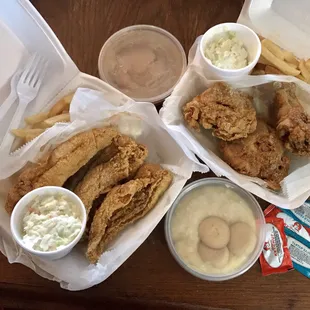 Fried perch and fried chicken dinners w/coleslaw and fries