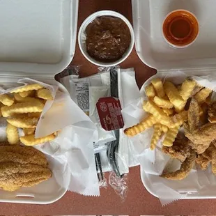 Left-Catfish and Shrimp Lunch Combo. Right-5 Whole Wings Lunch Combo.