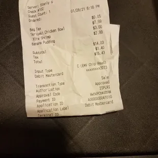My receipt that shows i paid for xtra Shrimp but didn't get it.