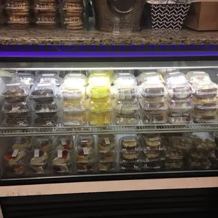 a display case filled with food