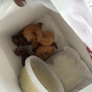 Burnt clam strips and under cooked jumbo fried shrimp