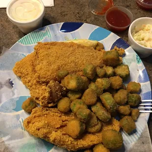 Shark Combo - Perch and Walleye with okra and coleslaw.