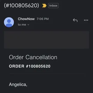 Email showing the cancelled my order