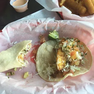 Fish tacos.  Pretty good.  Small for the price