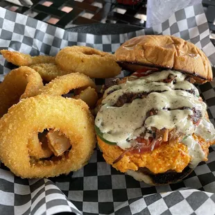 Southwest Burger with onion rings